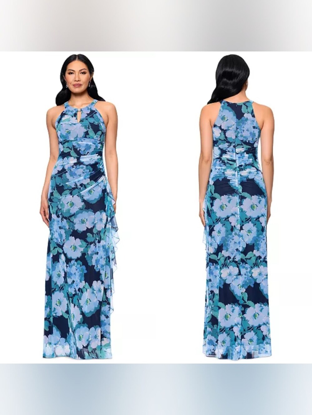 Betsy & Adam Floral Mesh Halter-Neck Sleeveless Gown 16 Wedding Party Formal